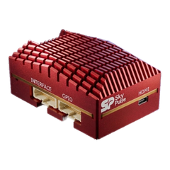 SkyPulse Helios FMU product render, three-quarter view, red anodised heatsink