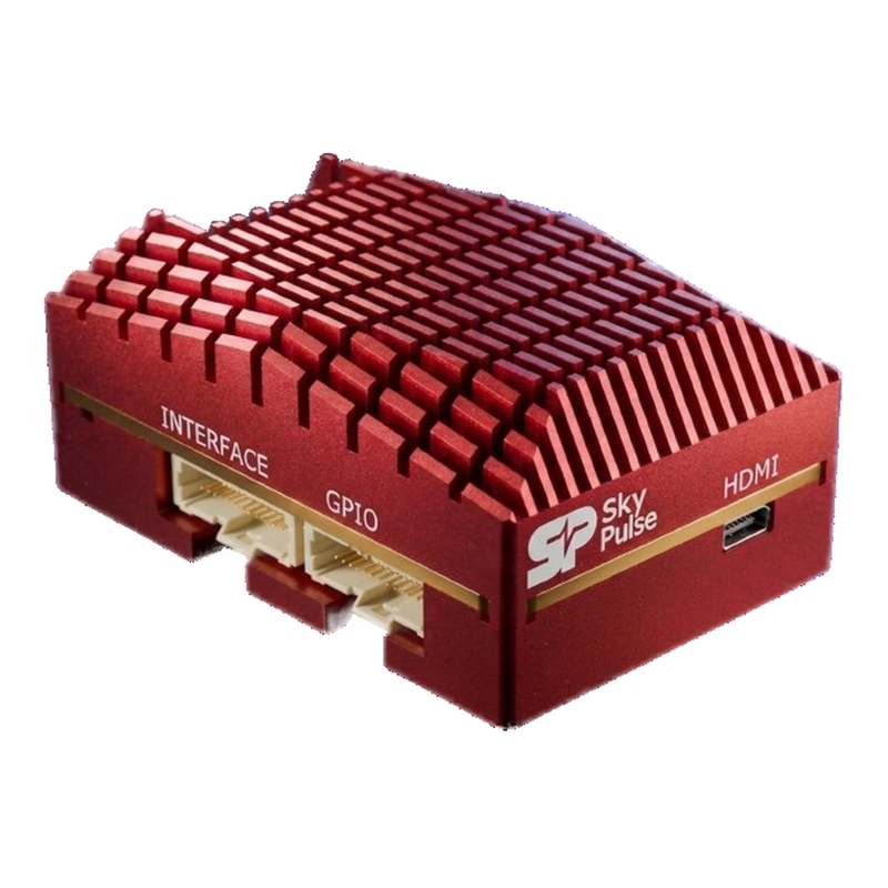 SkyPulse Helios FMU, the flight controller and companion computer in the Evaluation Kit, three-quarter view, red anodised heatsink