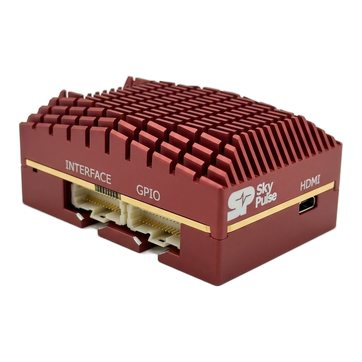 SkyPulse Helios FMU, three-quarter view, showing the INTERFACE and GPIO connectors, the micro-HDMI port and the red anodised heatsink