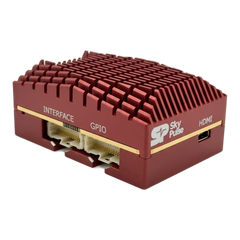 SkyPulse Helios FMU, three-quarter view, showing the INTERFACE and GPIO connectors, the micro-HDMI port and the red anodised heatsink