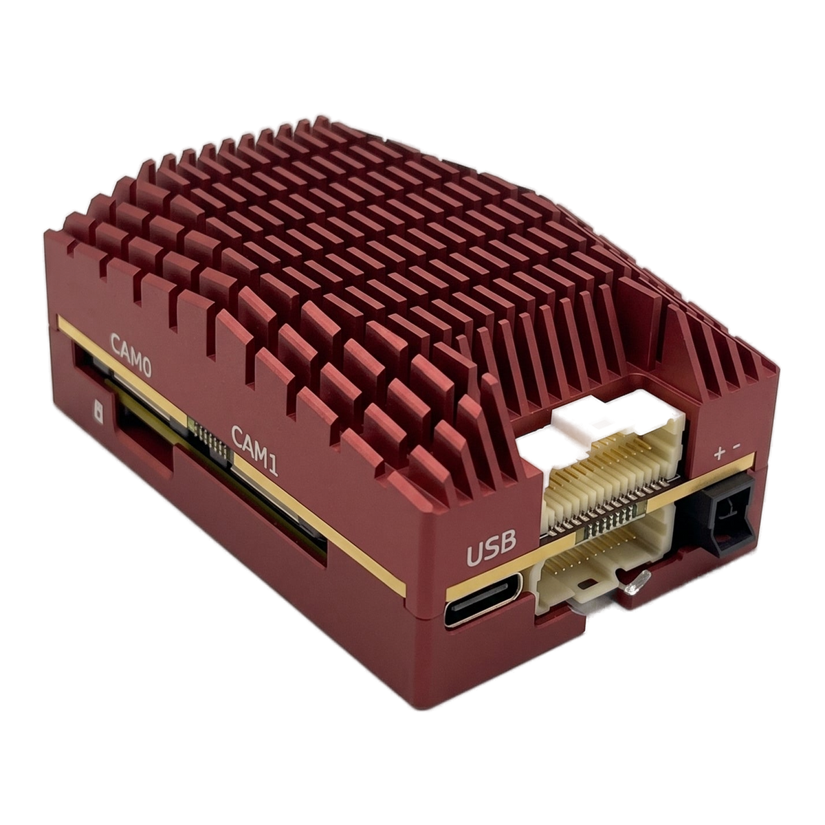 SkyPulse Helios FMU, rear three-quarter view, showing the CAN bus and USB connectors