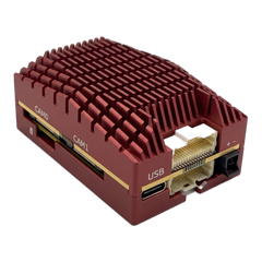 SkyPulse Helios FMU, rear three-quarter view, showing the CAN bus and USB connectors