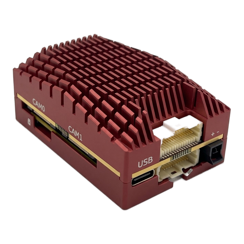 SkyPulse Helios FMU, rear three-quarter view, showing the CAN bus and USB connectors