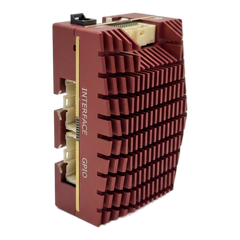 SkyPulse Helios FMU stood on end, showing the INTERFACE and GPIO connector edge