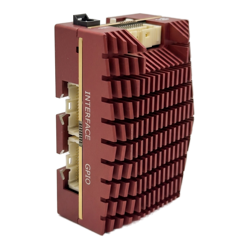 SkyPulse Helios FMU stood on end, showing the INTERFACE and GPIO connector edge