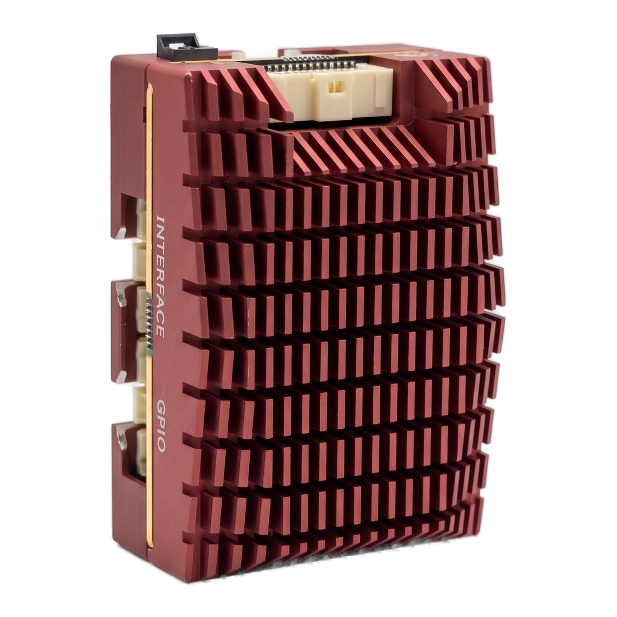 SkyPulse Helios FMU stood on end, showing the opposite connector edge and the gold trim line
