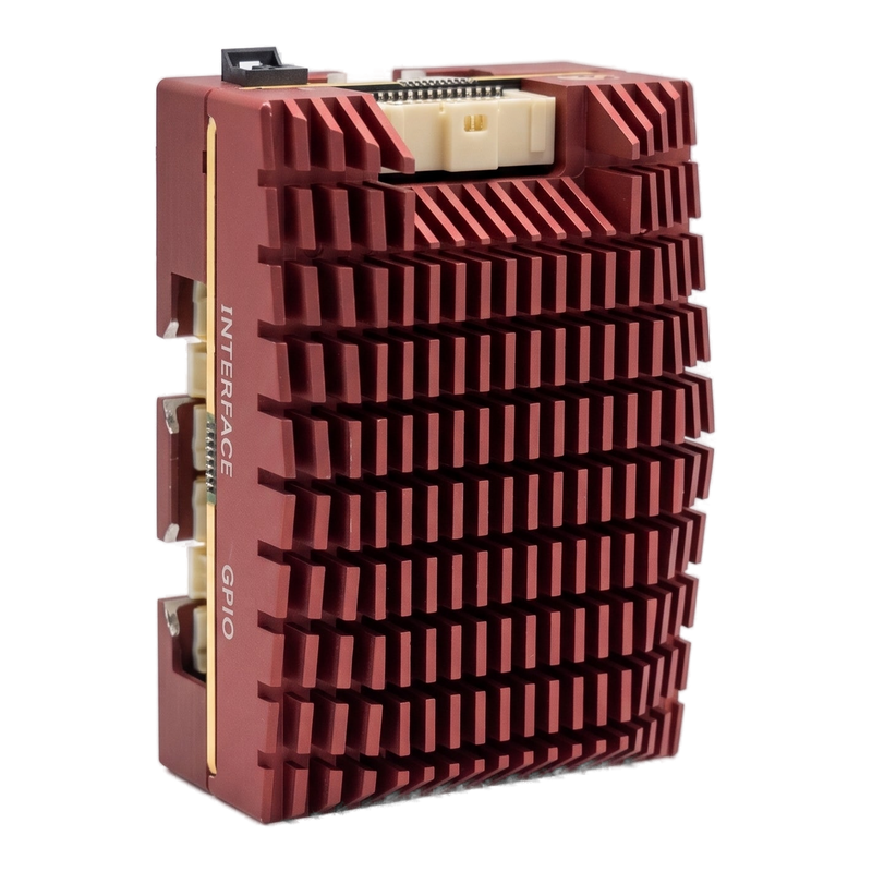 SkyPulse Helios FMU stood on end, showing the opposite connector edge and the gold trim line