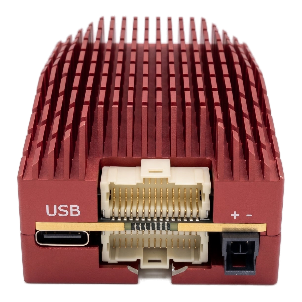 SkyPulse Helios FMU, front elevation, showing the USB-C port and the polarised voltage input