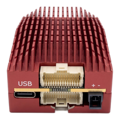 SkyPulse Helios FMU, front elevation, showing the USB-C port and the polarised voltage input