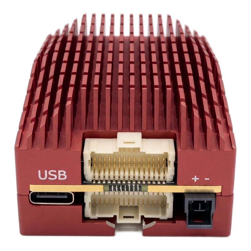 SkyPulse Helios FMU, front elevation, showing the USB-C port and the polarised voltage input