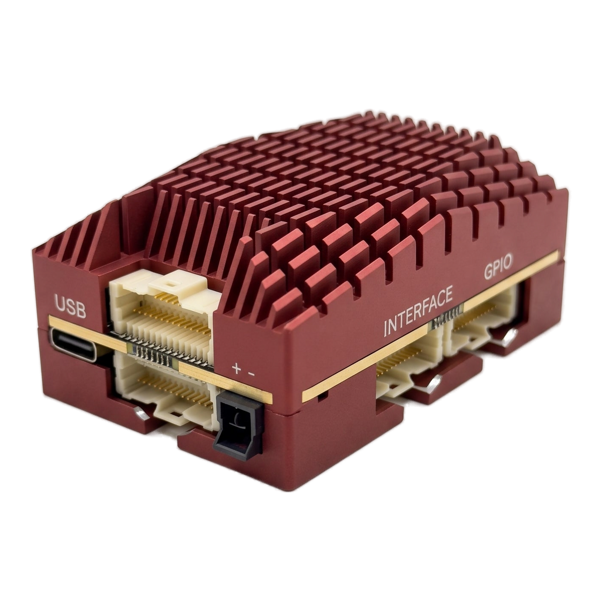 SkyPulse Helios FMU, three-quarter view showing the connector bank along the front edge