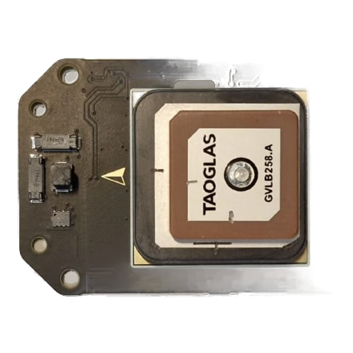 SkyNav GNSS module with the housing removed, showing the Taoglas antenna on the PCB