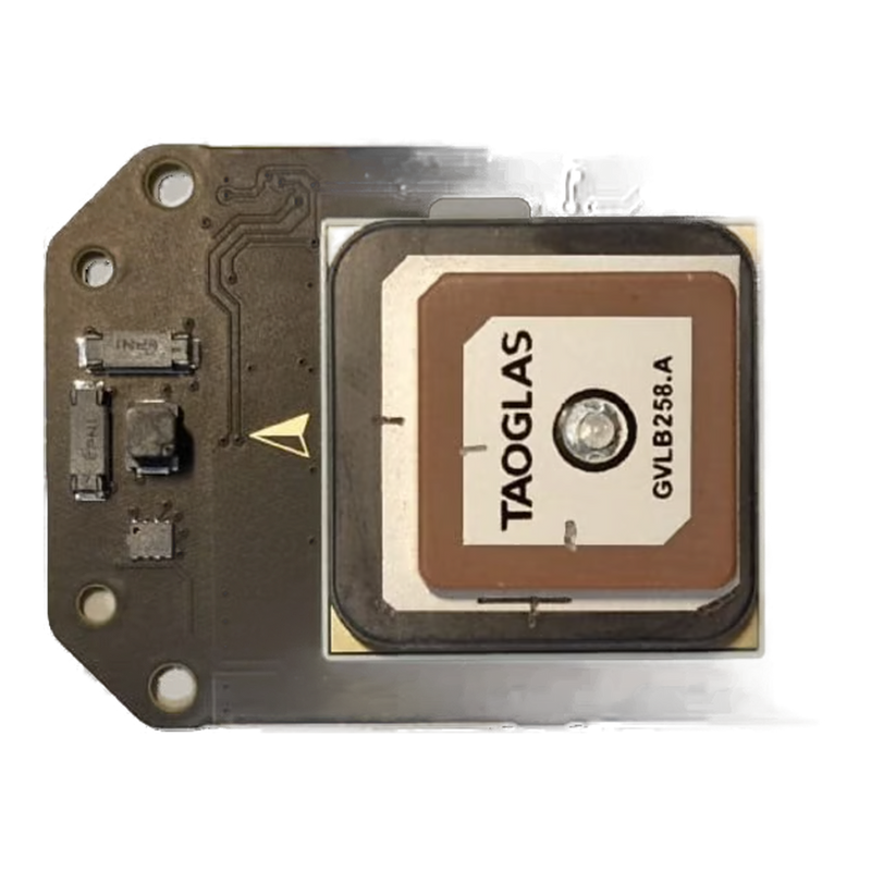 SkyNav GNSS module with the housing removed, showing the Taoglas antenna on the PCB