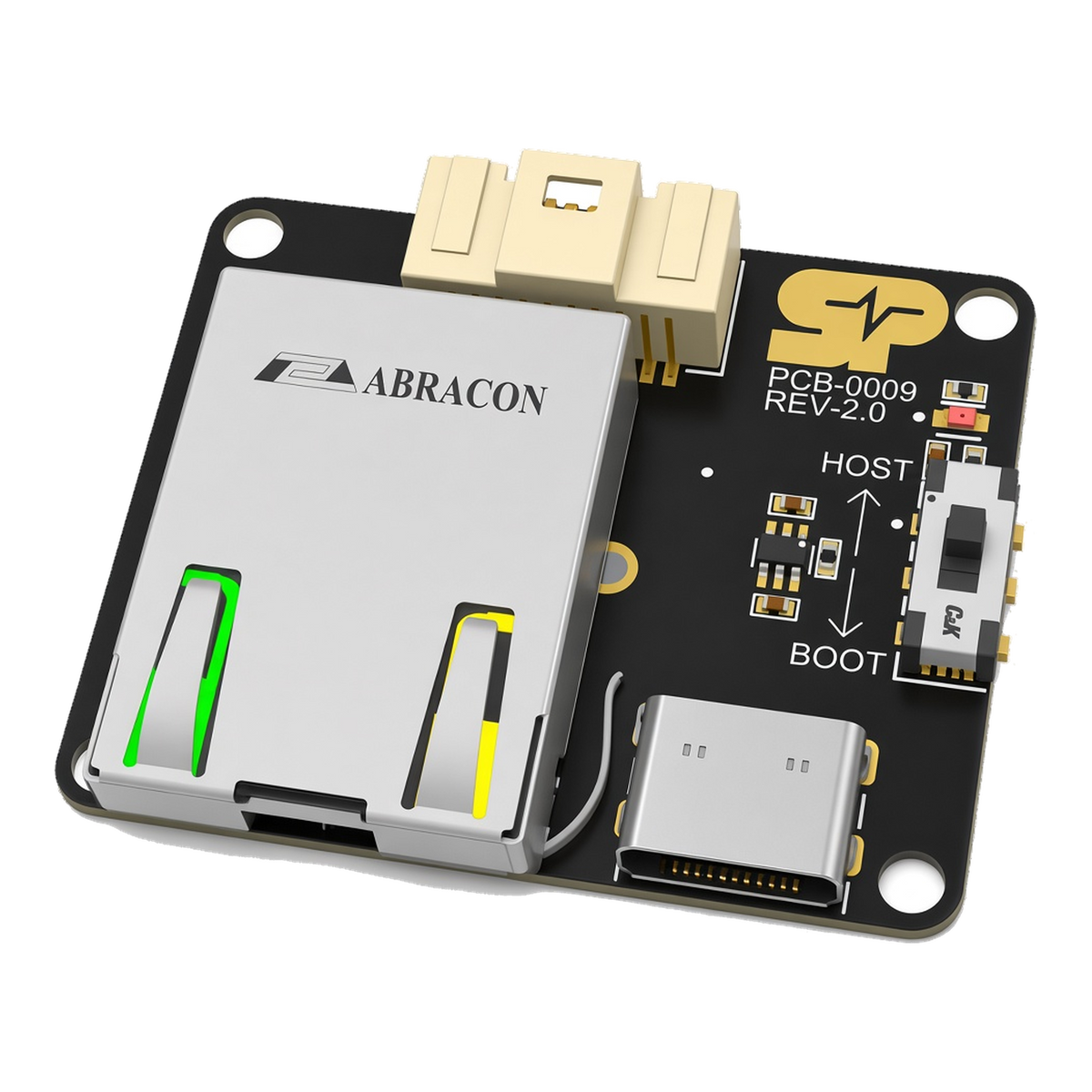 SkyPulse Breakout Board, low three-quarter view, showing the Molex Pico-Clasp Interface connector, the RJ45 port and the USB-C port