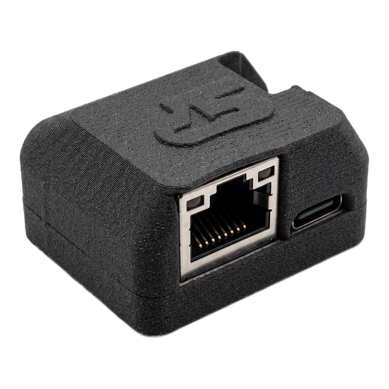 SkyPulse Breakout Board in its enclosure, three-quarter front view, showing the Gigabit Ethernet RJ45 port and the USB-C port
