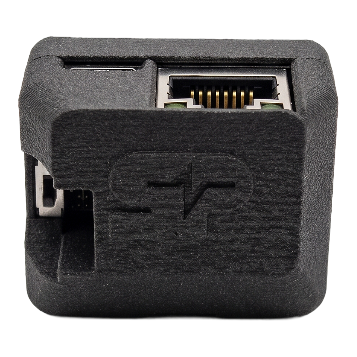 SkyPulse Breakout Board enclosure seen from above, with the SkyPulse logo on the lid and the RJ45 and USB-C ports along the far edge