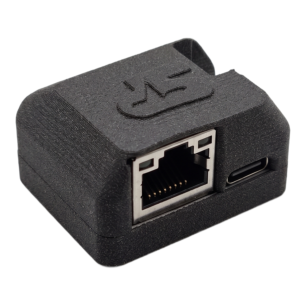 SkyPulse Breakout Board in its enclosure, front view of the RJ45 port and the USB-C port
