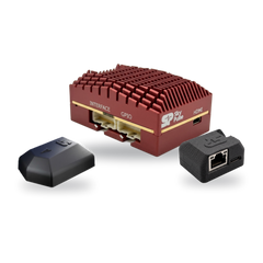 The SkyPulse Evaluation Kit: the Helios FMU at the back, the SkyNav GNSS Module front left and the Breakout Board in its enclosure front right